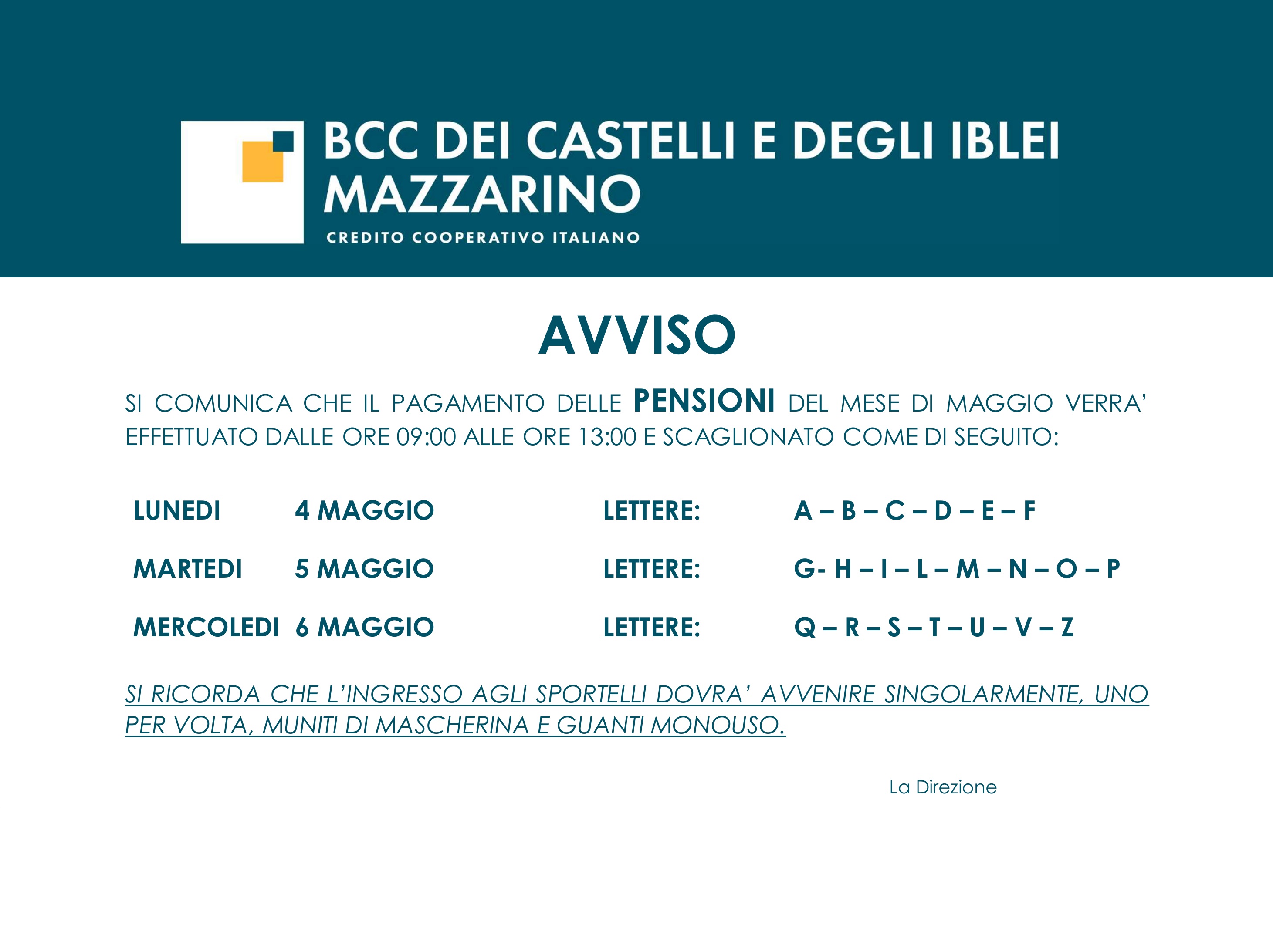 CALENDARIO PAGAMENTO PENSIONI MAGGIO 2020 - BCC dei Castelli e degli Iblei